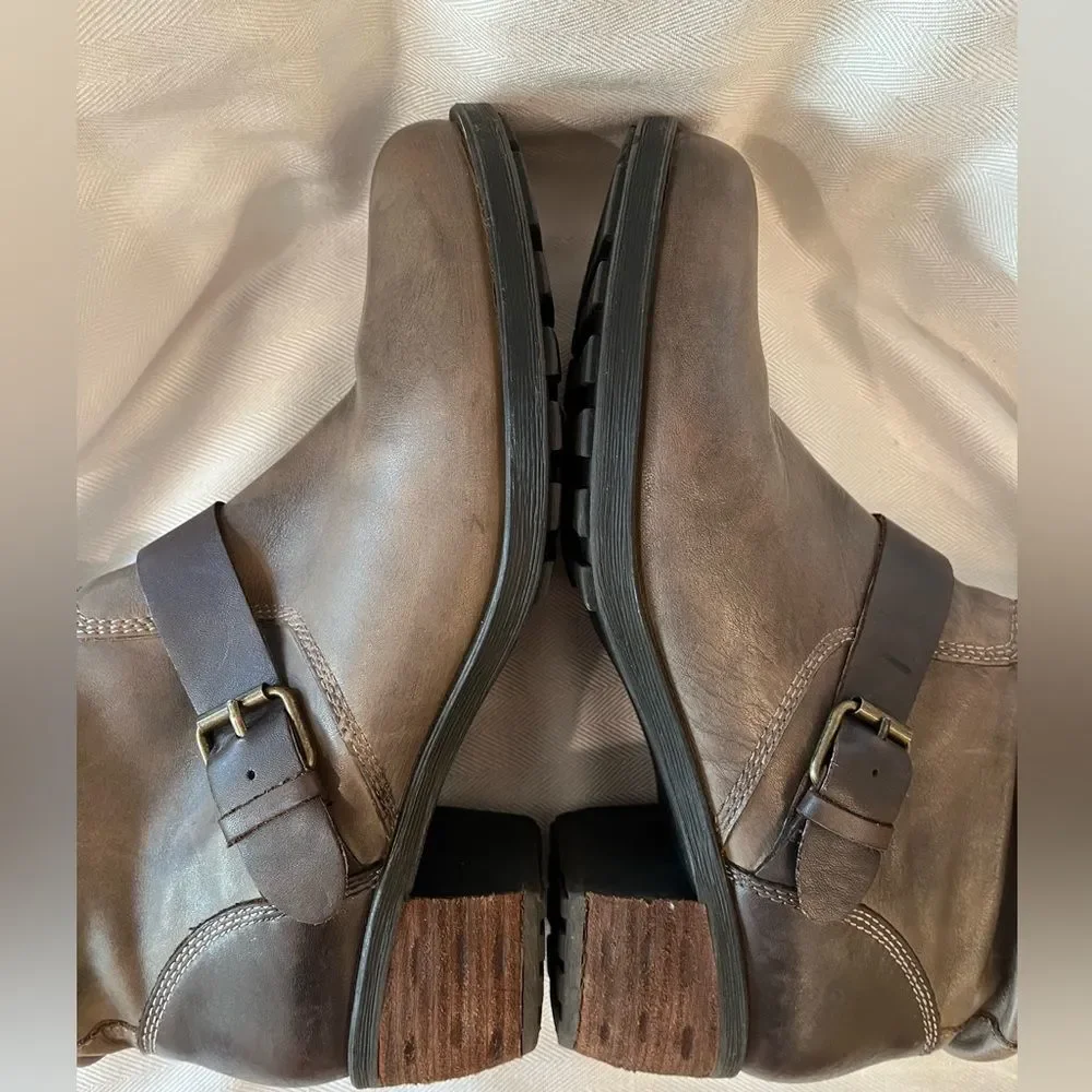 Leather Slouch Ankle Boots Gray Brown Moto Buckle Lug Block‎ Heel SZ 10.5